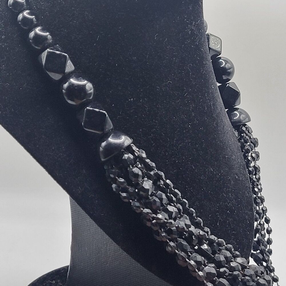 Vintage Multi Strand Black Bead Bib Necklace Chunky Faceted Retro Gothic Choker